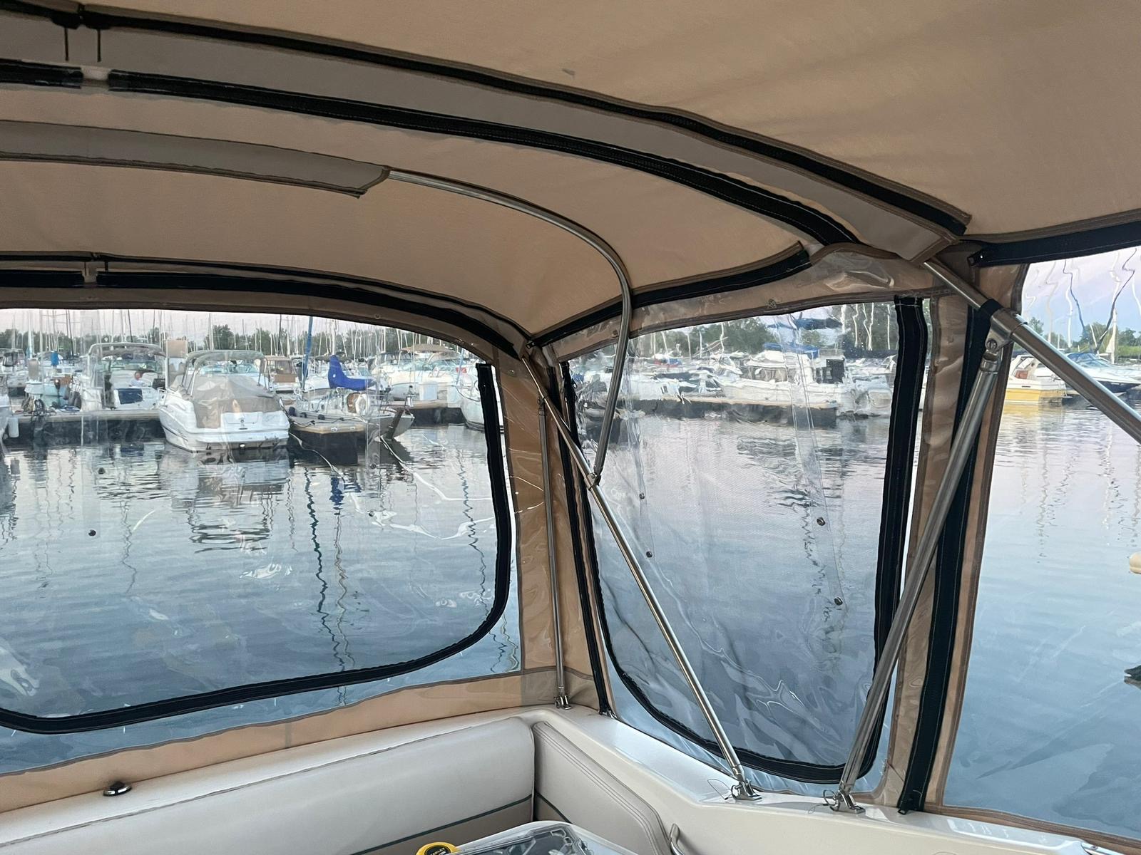 Interior view of canvas enclosure with side curtains