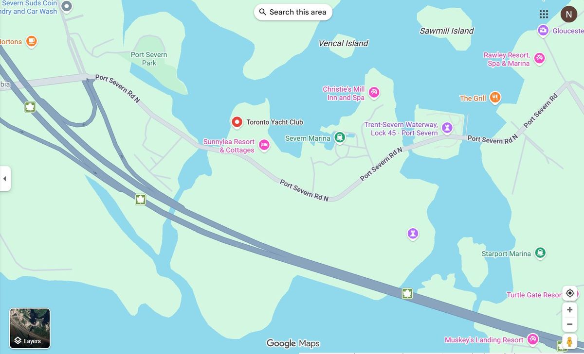 Map showing Toronto Yacht Club at Driftwood Cove Marine Resort, 93 Port Severn Rd N, Port Severn, ON