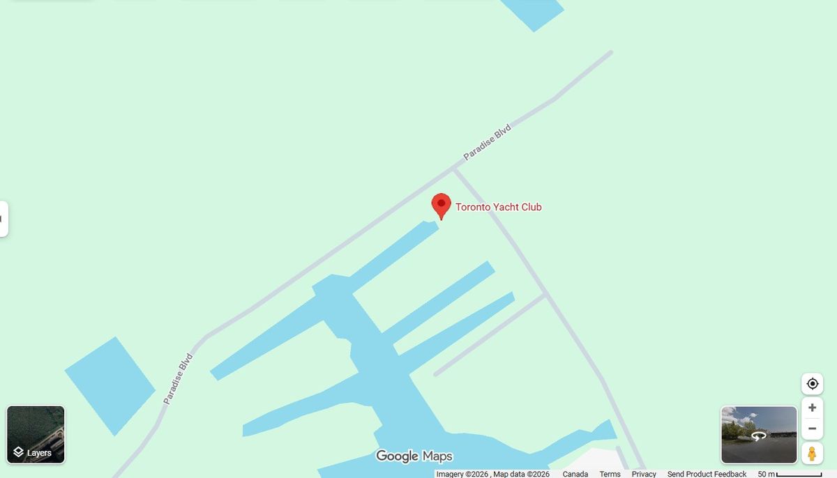 Map showing Toronto Yacht Club at Grand Harbour Marina, 150 Laguna Pkwy, Brechin, ON