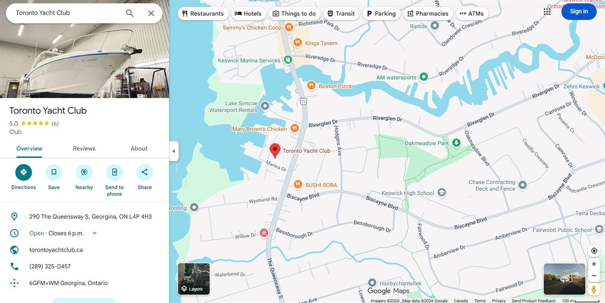 Map showing Toronto Yacht Club at Krates Marina, 290 The Queensway S, Keswick, ON